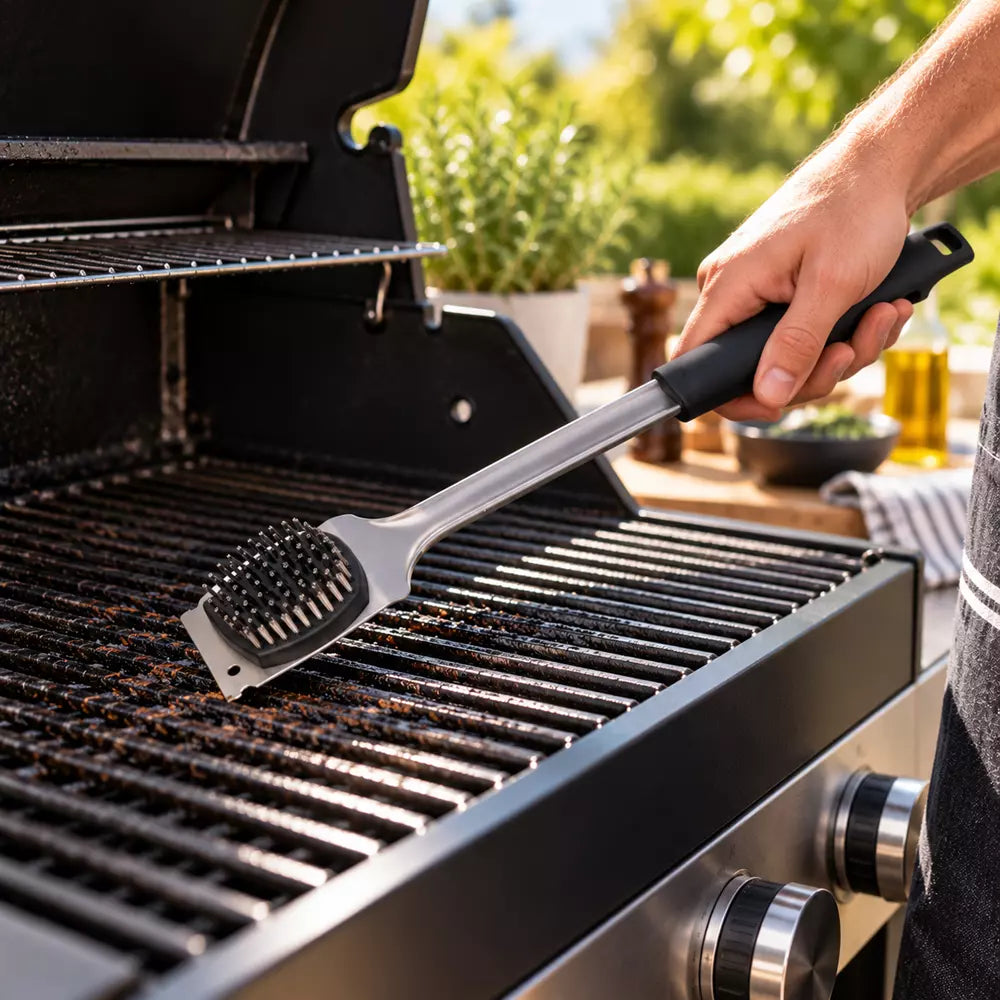 A close-up lifestyle shot of a person using a stainless steel grill brush with a black handle to clean a black gas grill grates outdoors.