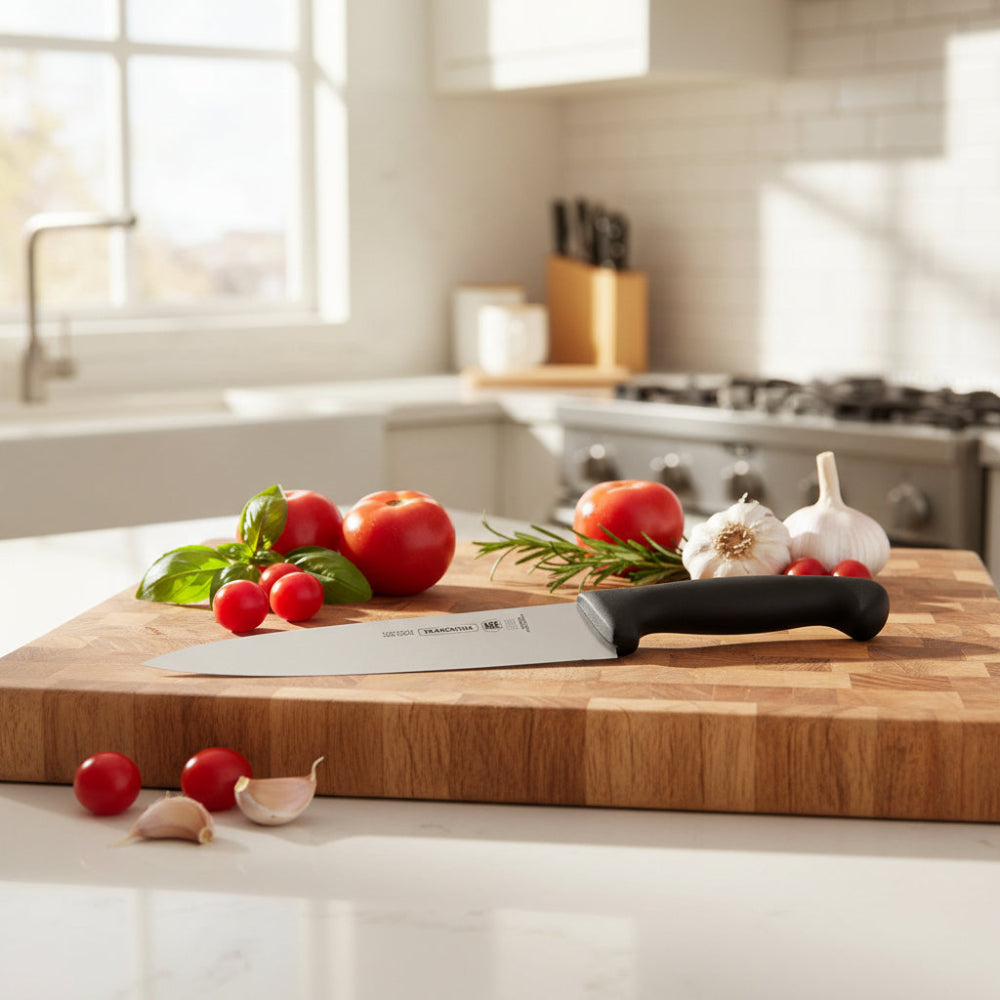 Chef's knife with black handle on a chopping board