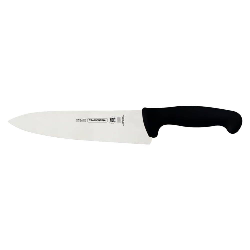 Chef's knife with black handle on a white background