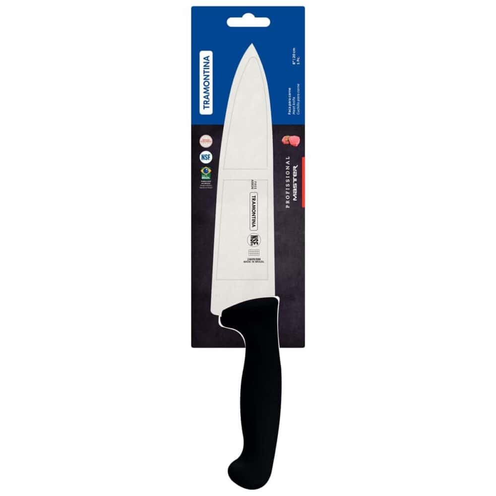 Chef's knife with black handle on a white background