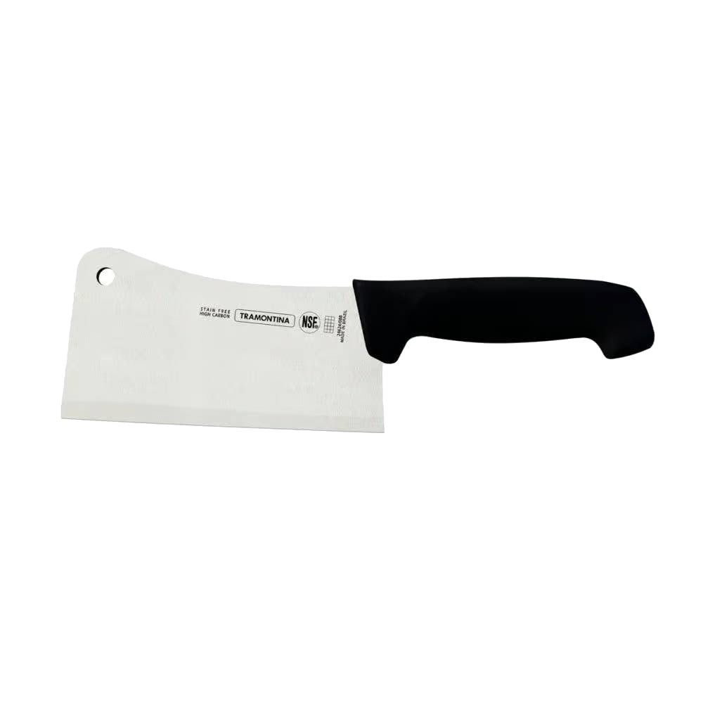 Meat cleaver with black handle on a white background