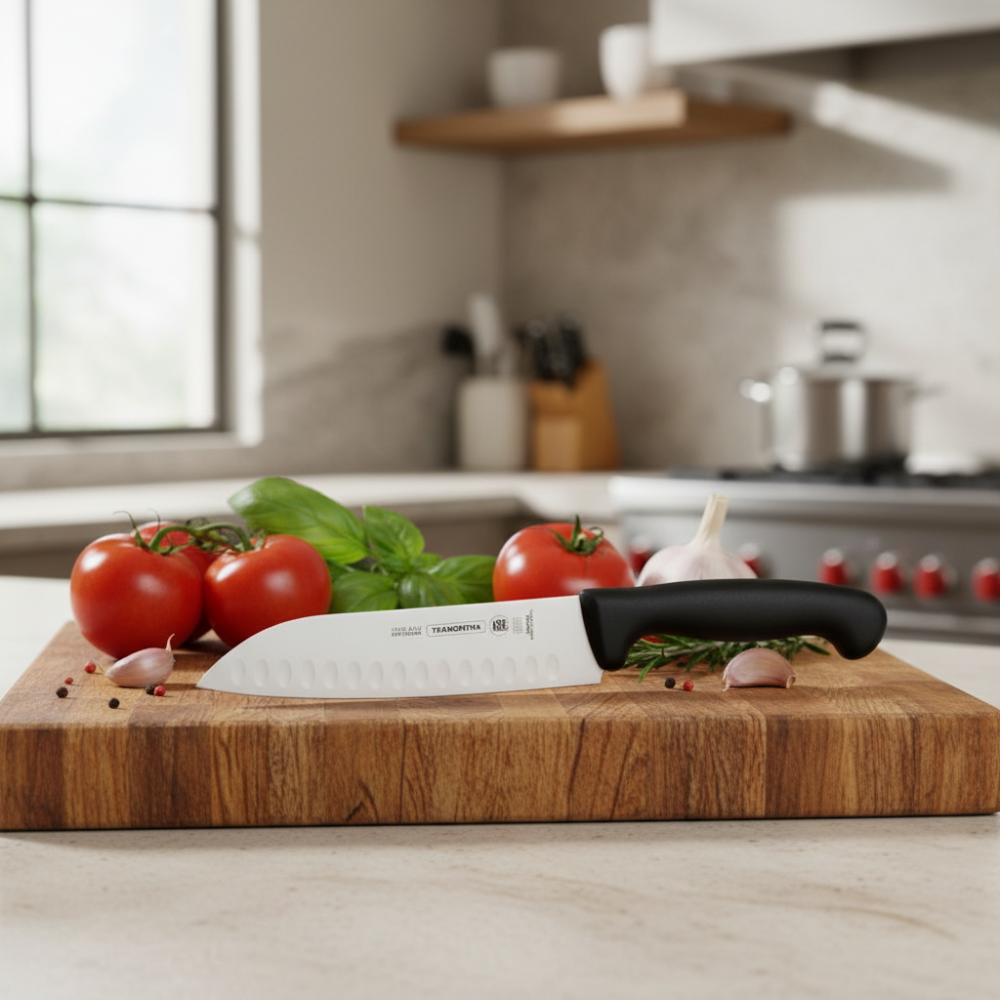 Knife on a wooden cutting board with vegetables in a kitchen setting