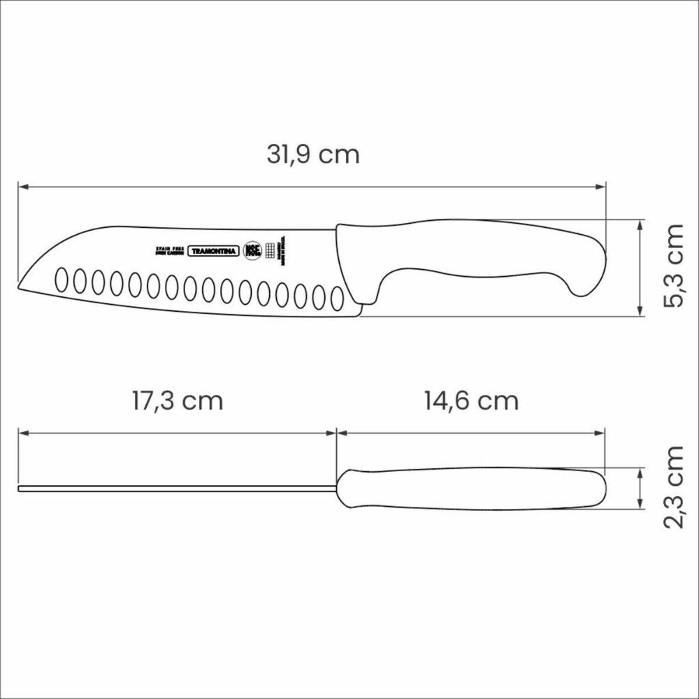 Measurement chart of a knife with dimensions labeled