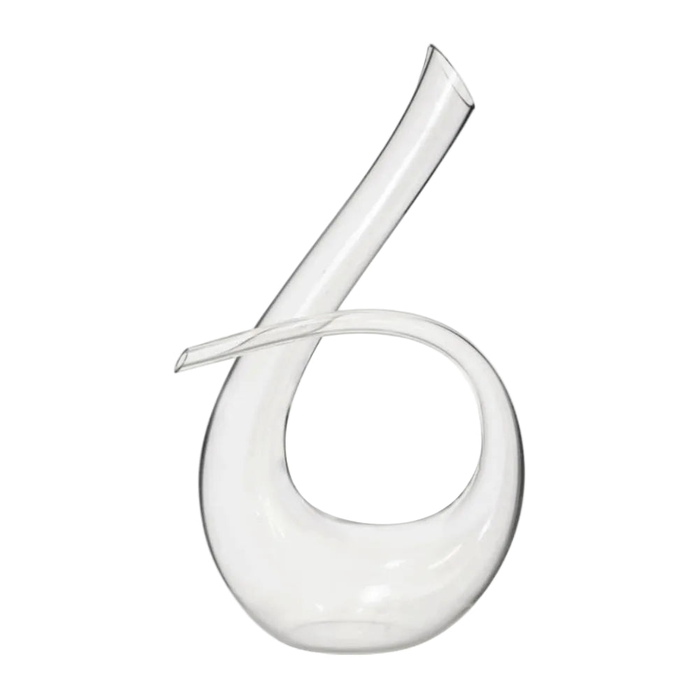 Clear glass carafe with a unique design on a white background