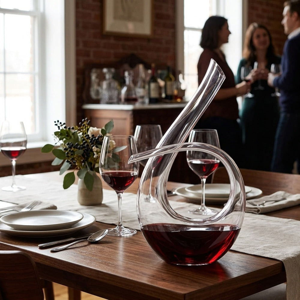 A clear glass wine decanter with a curved, looped neck and stem, partially filled with red wine, set on a wooden dining table in a warmly lit wine cellar or restaurant. Other wine glasses, plates, and a small floral arrangement are visible in the background, with blurred people standing near a wine bar.
