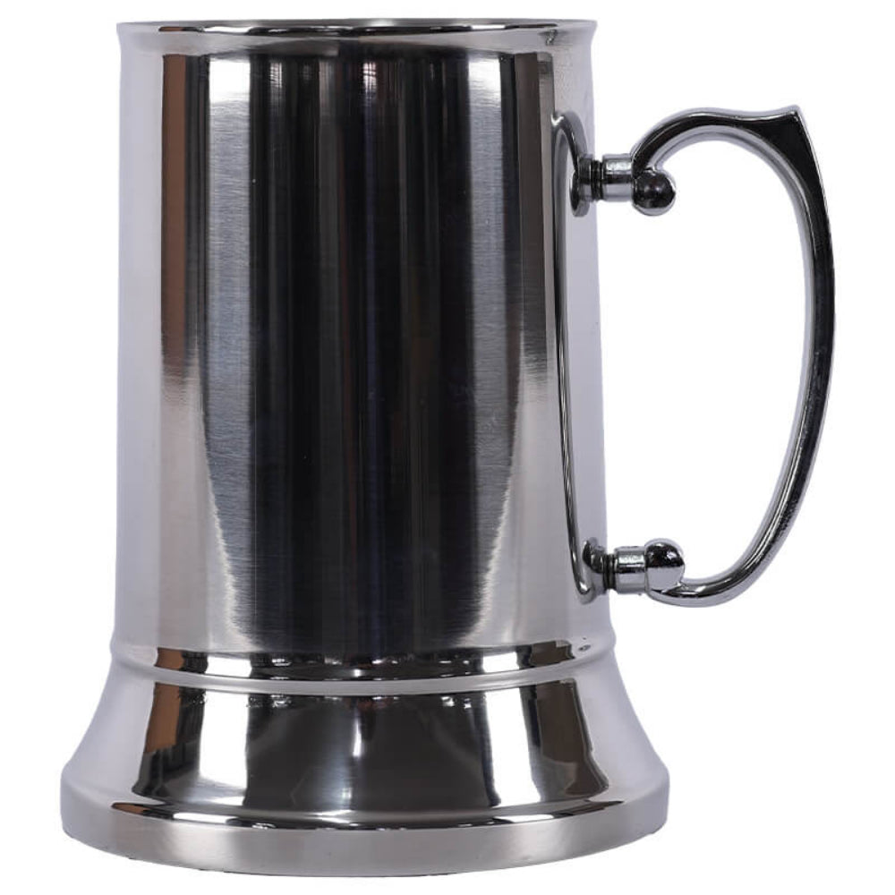 Stainless steel tankard with handle on a white background