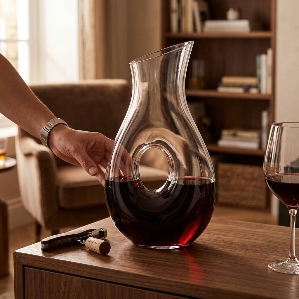 A clear glass wine decanter with a curved body and central loop, partially filled with red wine, set on a wooden table in a living room. A person's hand is touching the decanter, with a wine glass and corkscrew nearby.