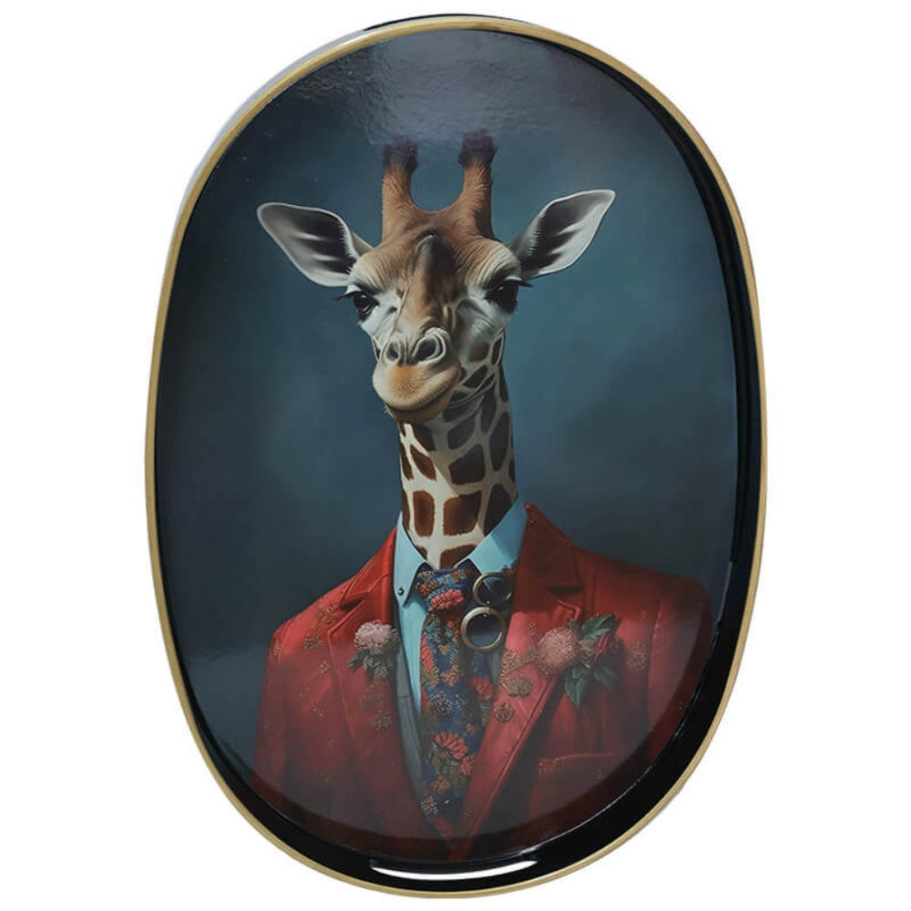 Giraffe wearing a red jacket with a blue shirt and floral tie, framed in gold on a dark background
