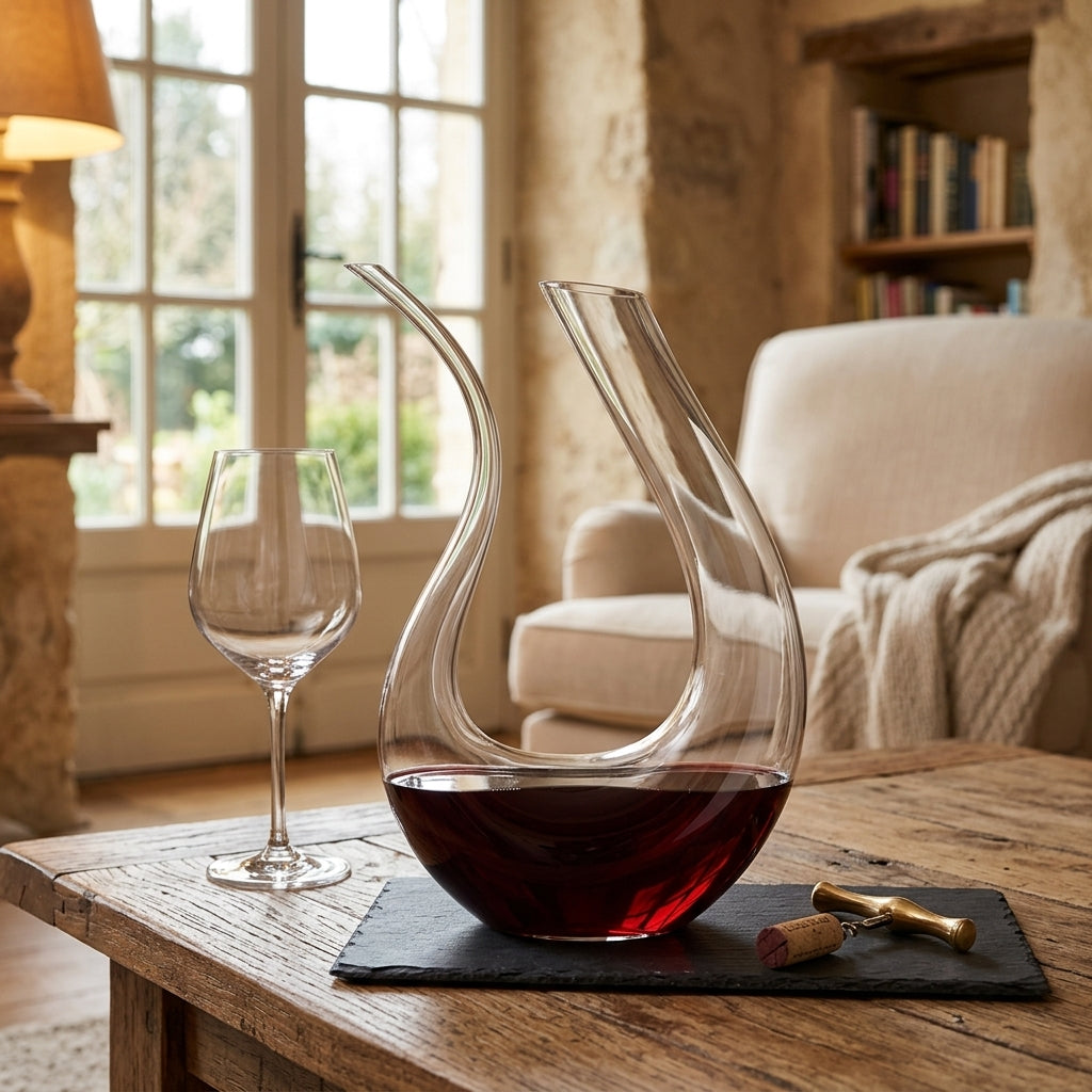 A clear glass wine decanter with a curved neck and a matching wine glass, filled with red wine, displayed on a wooden table in a cozy living room setting.