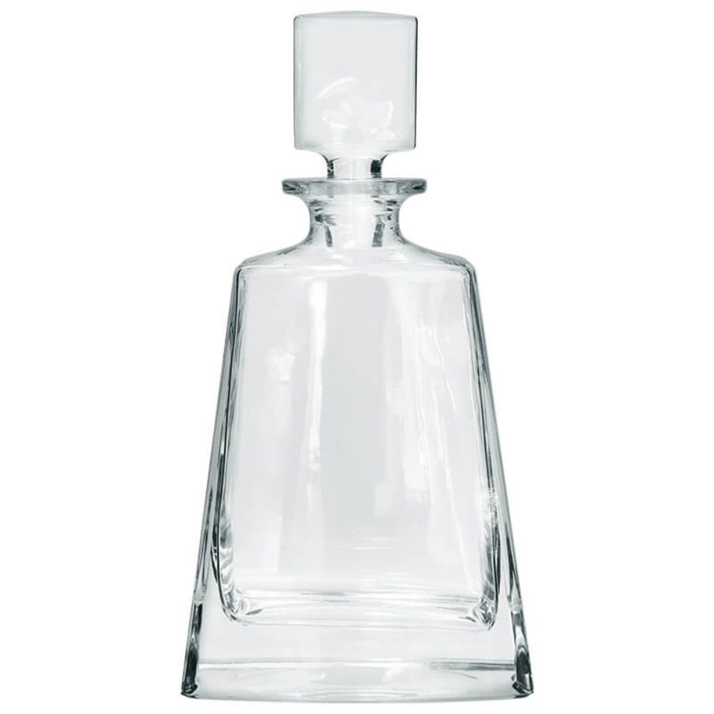Clear glass decanter with a matching glass stopper, shown on a plain white background.