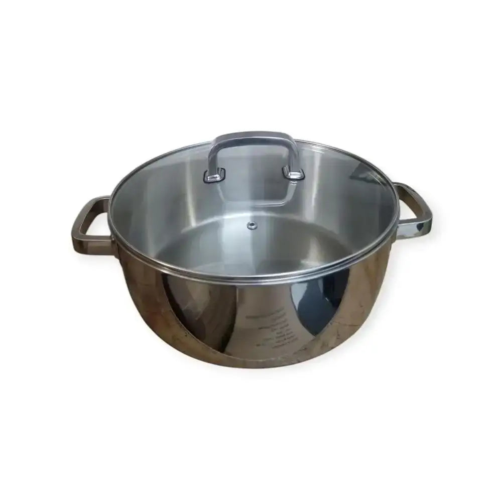Stainless steel pot with lid on a white background