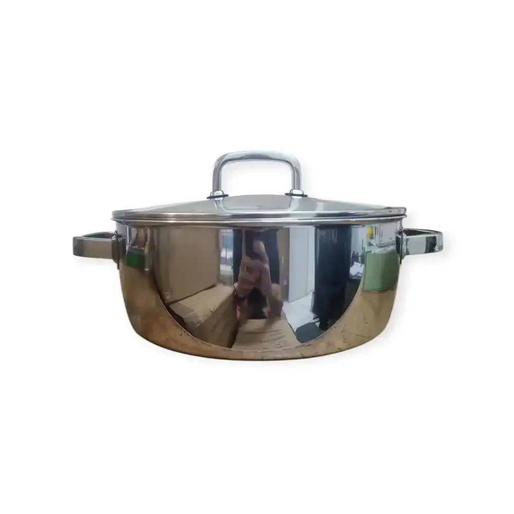 Stainless steel pot with lid on a white background