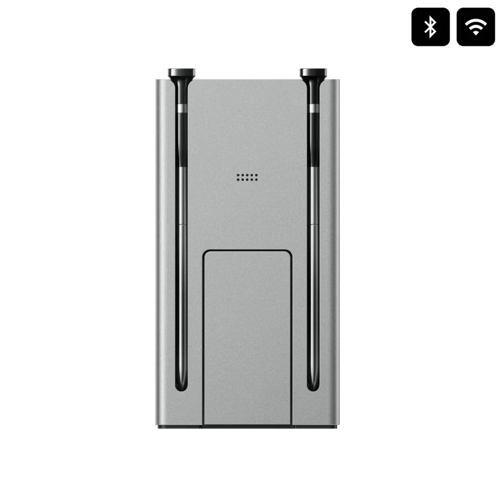 Smart electronic device with Bluetooth and Wi-Fi icons on a white background