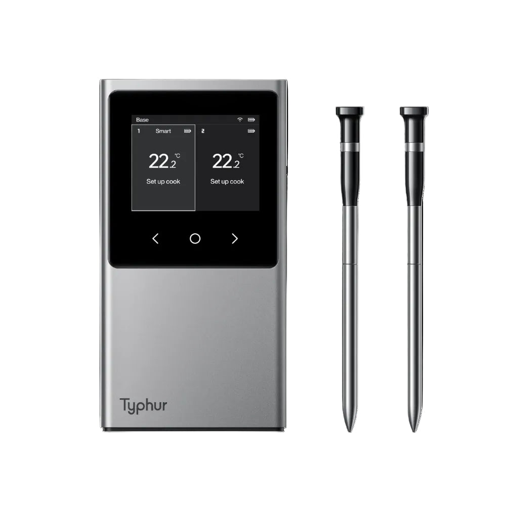 Typhur digital thermometer with two probes on a white background