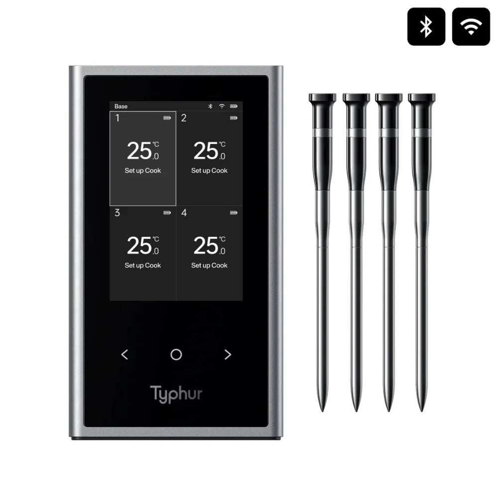 Typhur wireless thermometer with four probes on a white background.