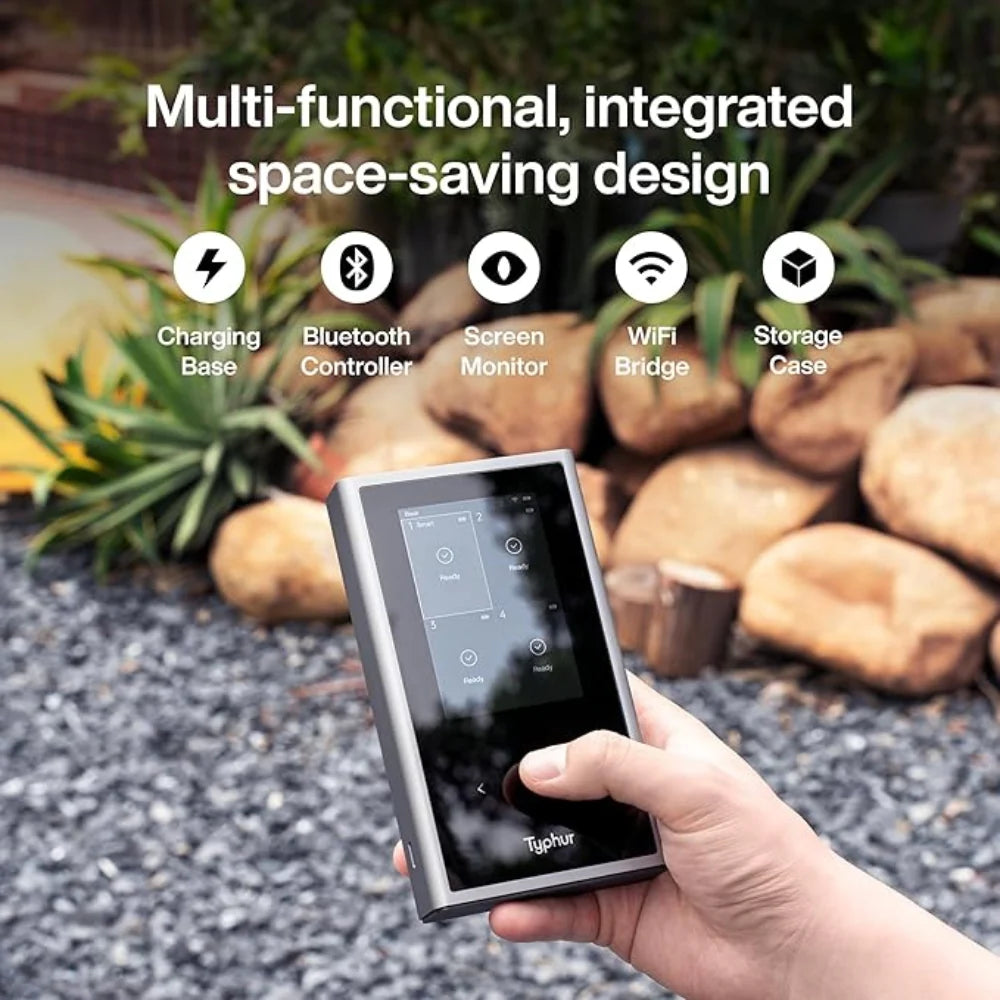 Hand holding a device with features listed above it, against a natural background.
