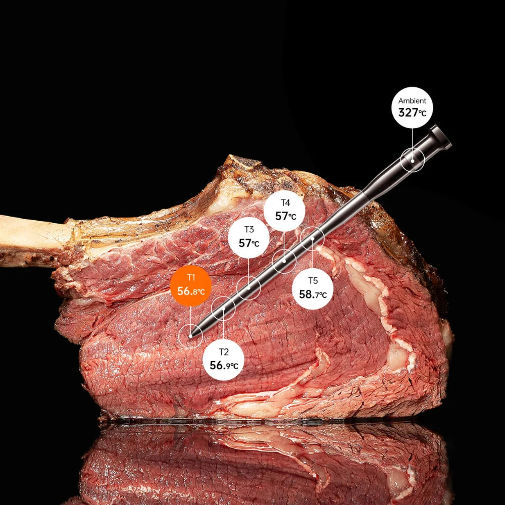 Meat thermometer inserted into a piece of meat with temperature readings displayed.
