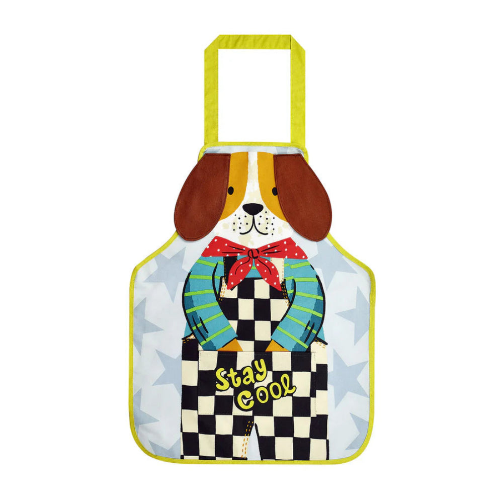 Children's apron with a cartoon dog design and 'Stay Cool' text on a white background