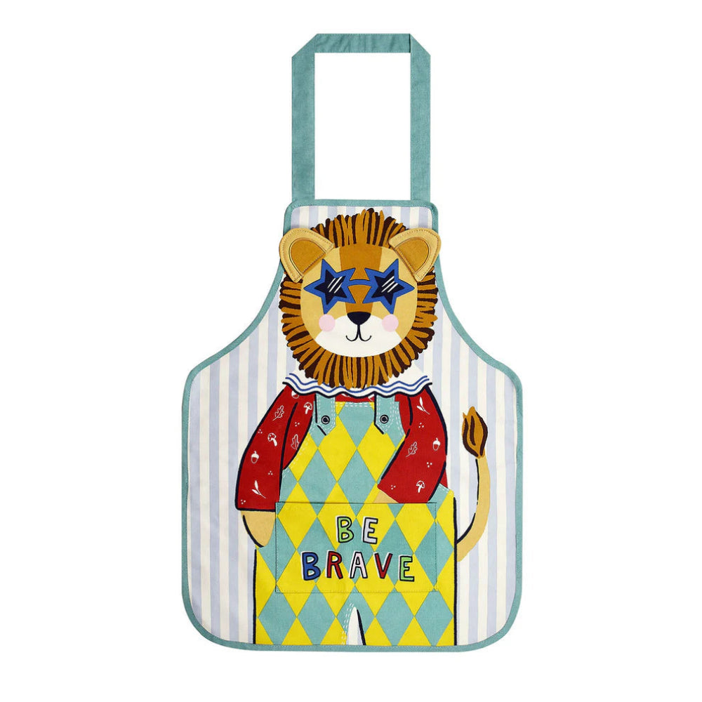 Children's apron with a lion design and 'Be Brave' text on a white background
