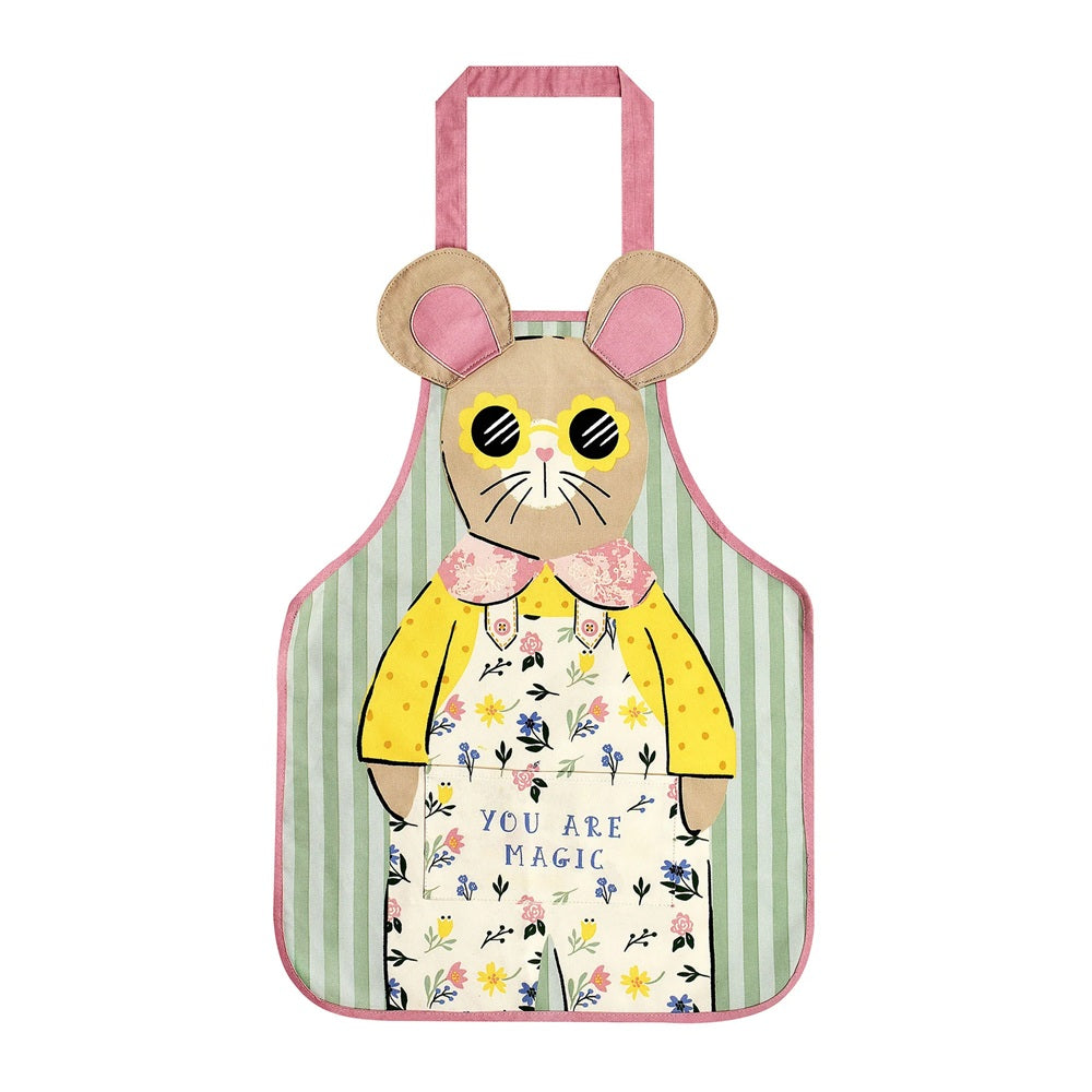 Children's apron with a cartoon mouse design and 'You are magic' text on a white background