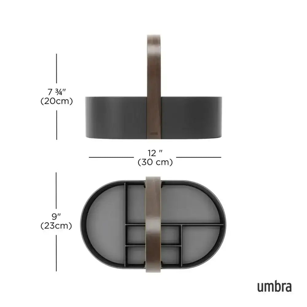Gray storage basket with brown handle and compartments, labeled with dimensions and the brand 'umbra'.