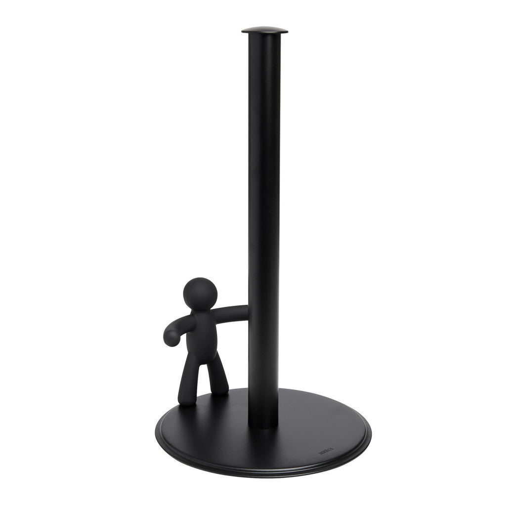 Black paper towel holder with a small black figure attached to it on a white background