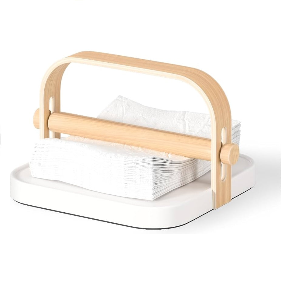 A white and light natural wood napkin holder with a stack of white napkins inside, shown on a clean white background.