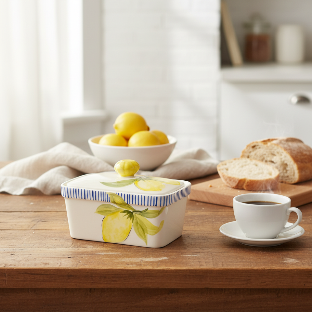 Butter dish with lemon design on a wooden table with a cup of coffee and bread in the background.