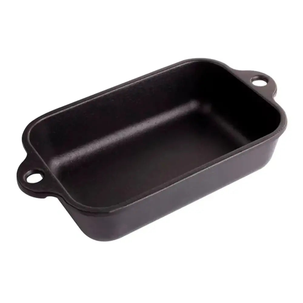 Black rectangular baking pan with handles on a white background