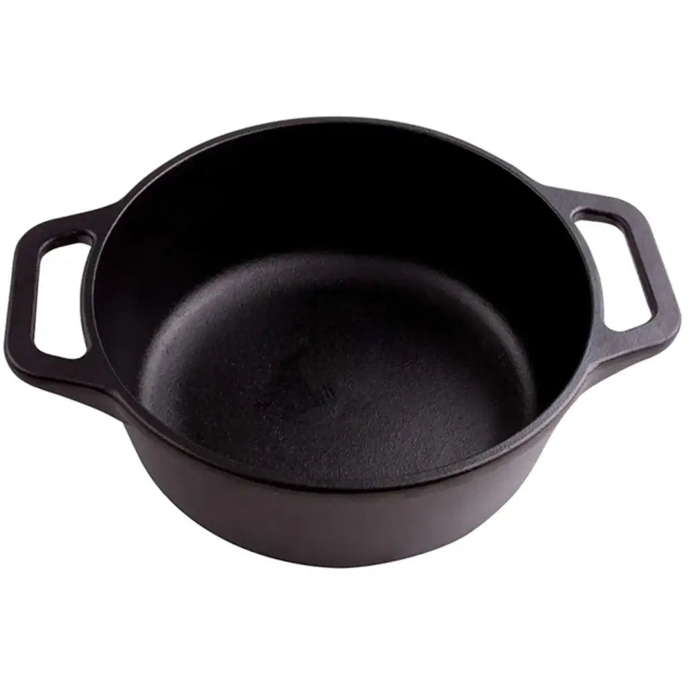 Black cast iron pot with handles on a white background