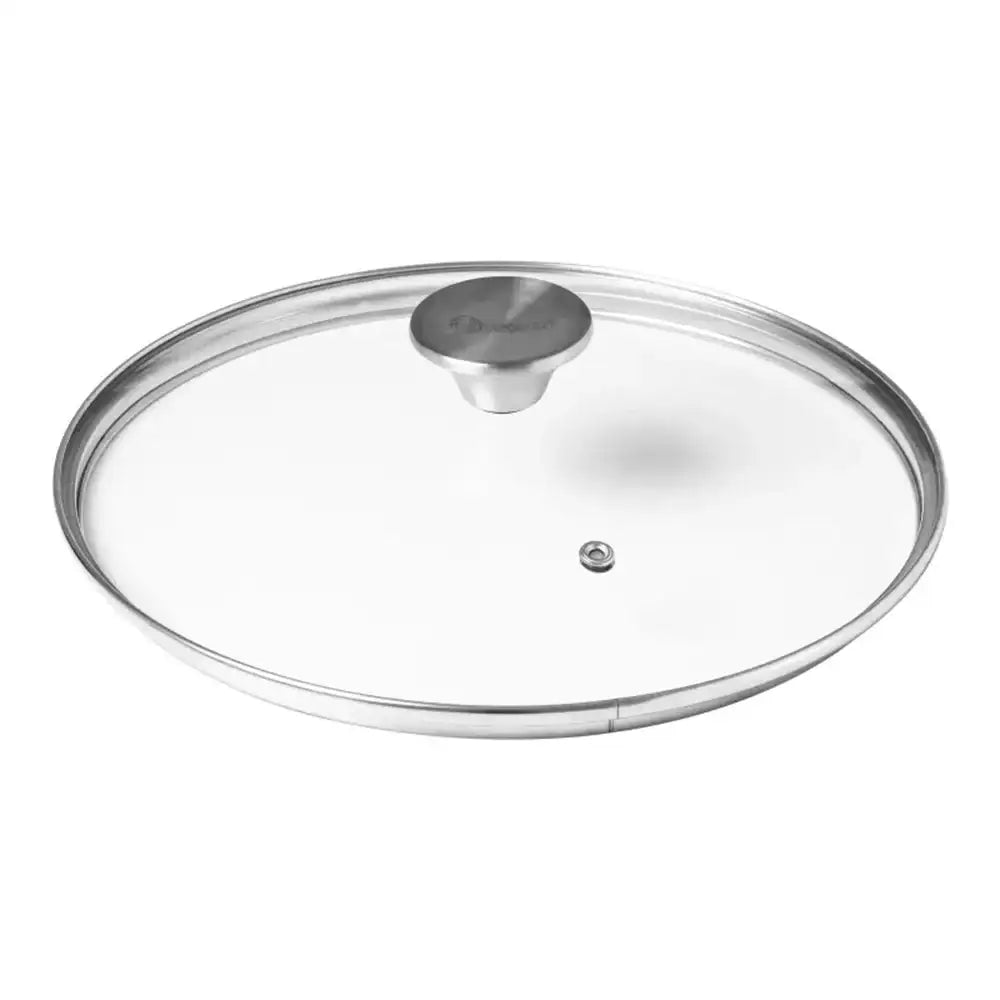 Clear glass lid with metal handle on a white background