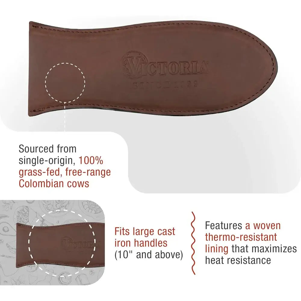 Brown leather handle guard with Victoria brand logo on a white background