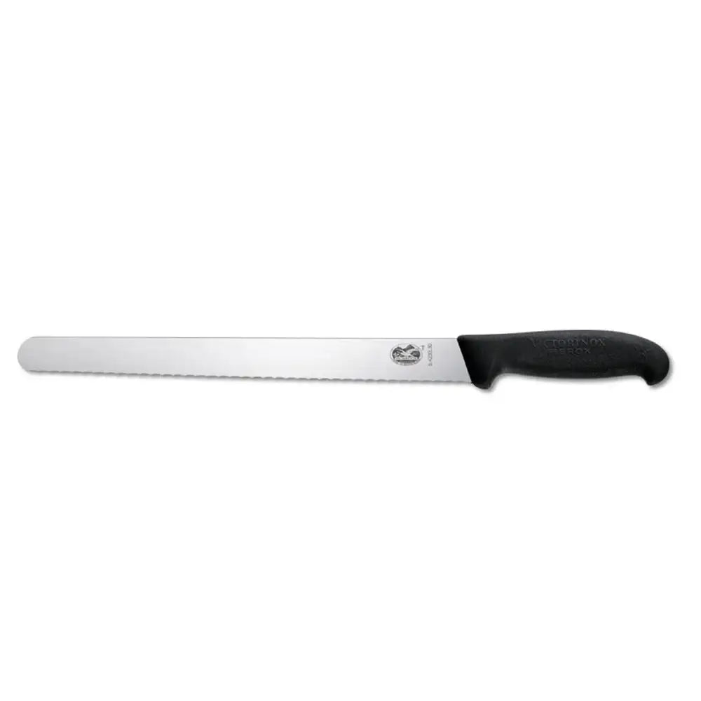 Bread knife with black handle on a white background