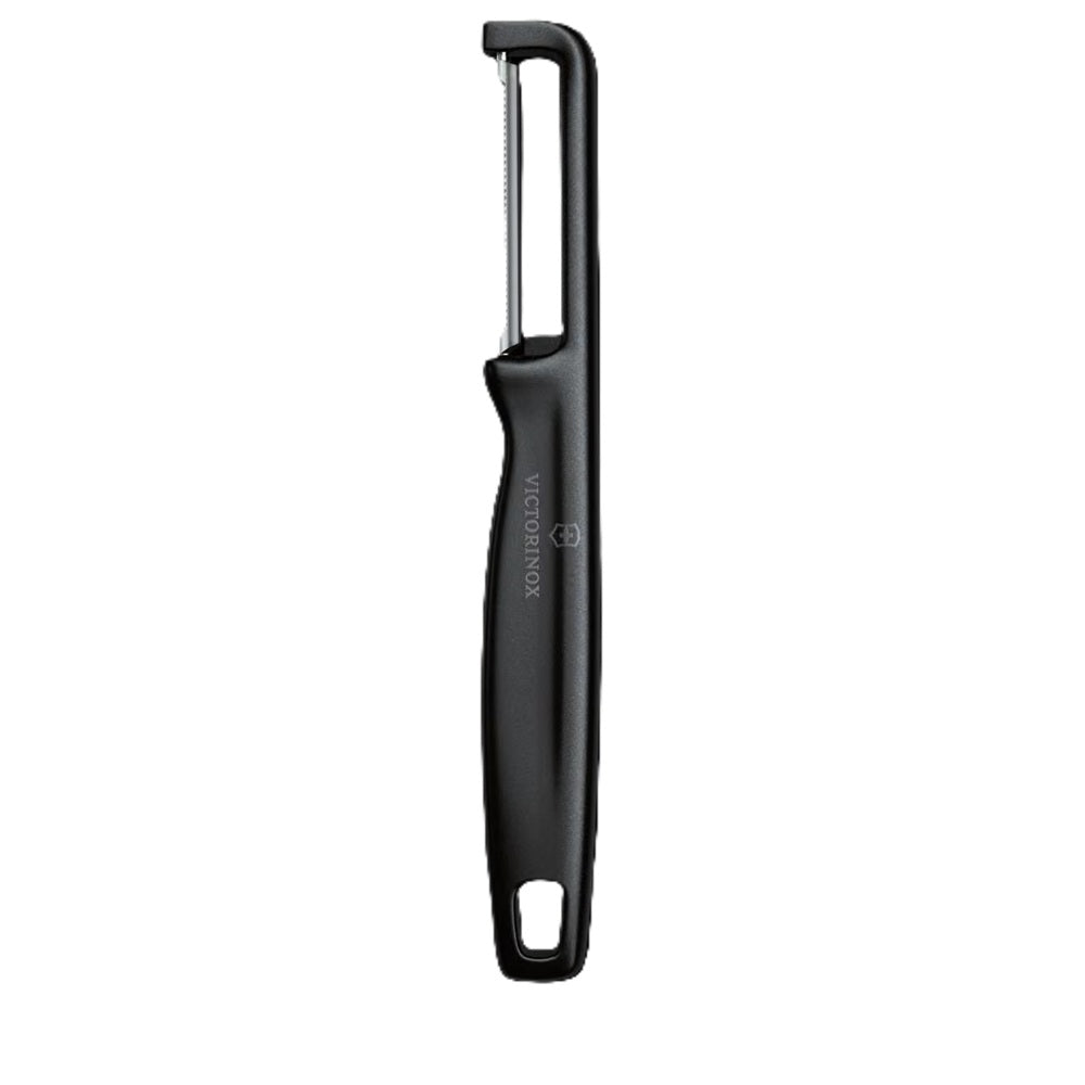 Black Victorinox peeler on a white background