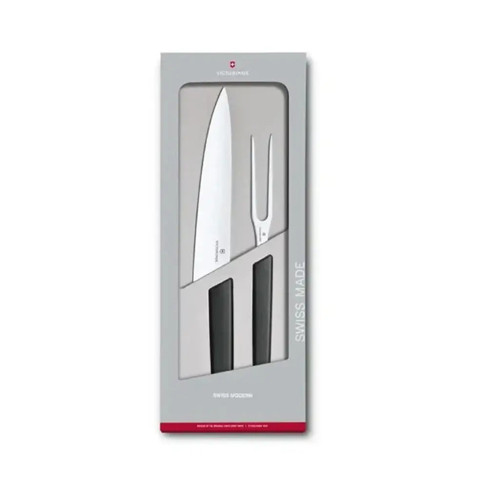 Knife set in a gray packaging box with 'Swiss Made' text on a white background