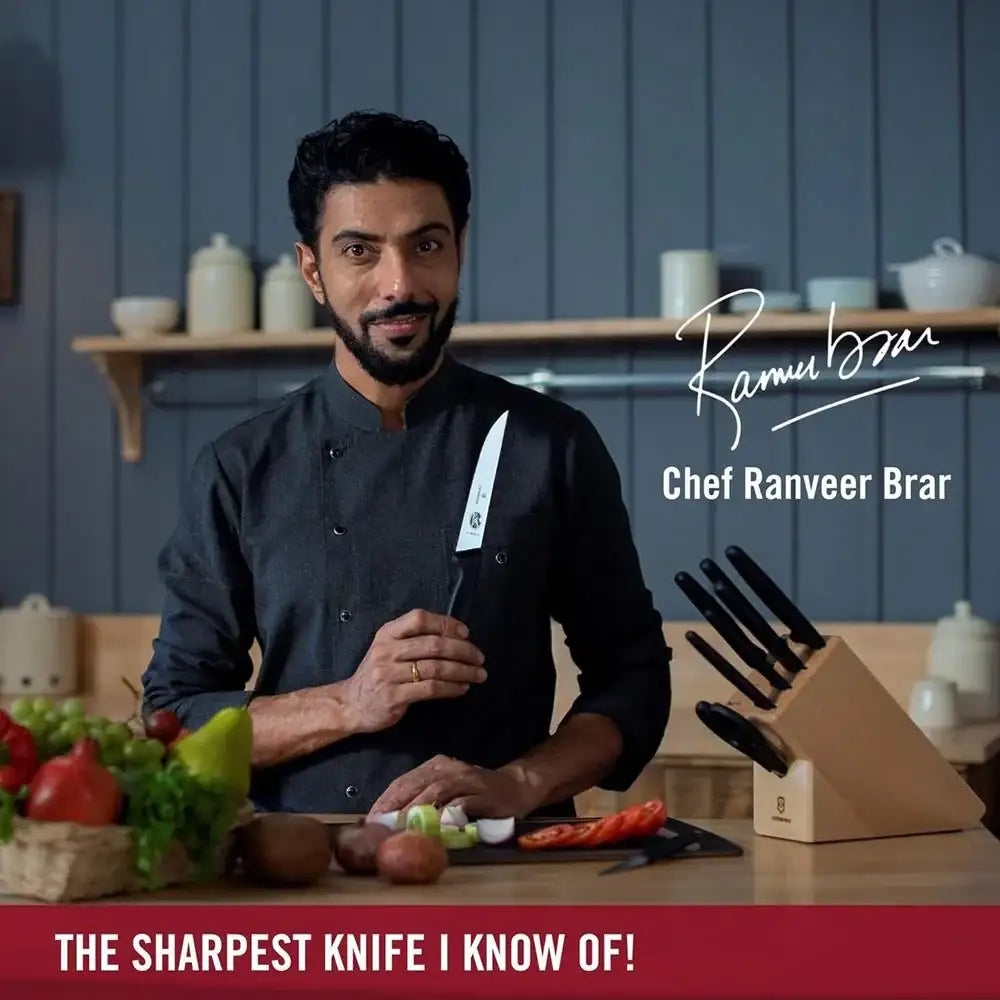 Chef Ranveer Brar in a kitchen setting with knives and vegetables, featuring his name and branding.