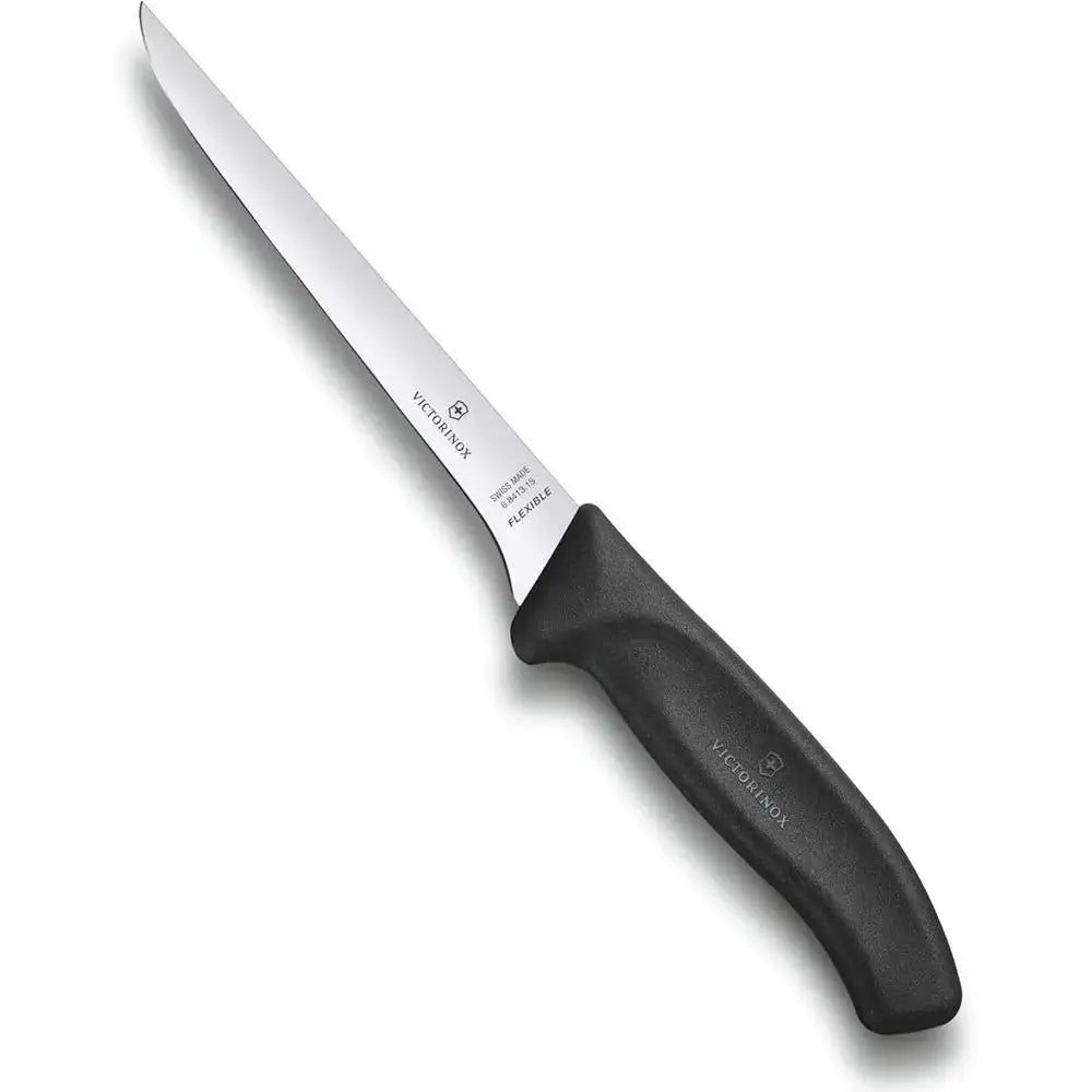 Victorinox fillet knife with black handle on a white background