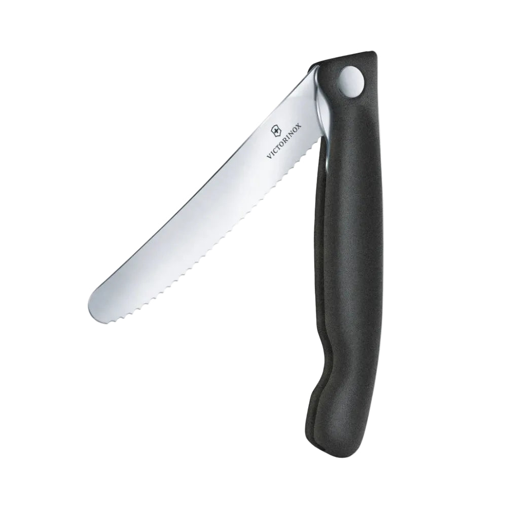 Folding knife with black handle and silver blade on a white background
