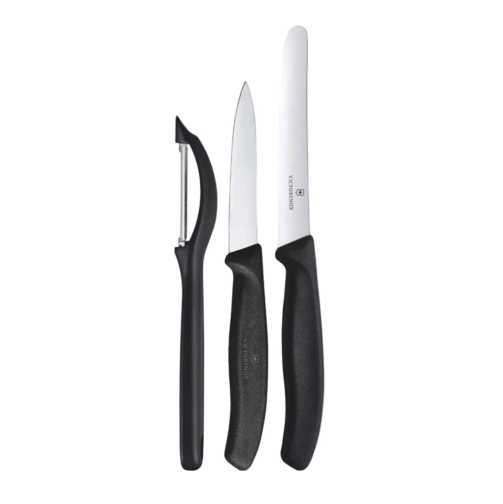 Set of three knives with black handles on a white background