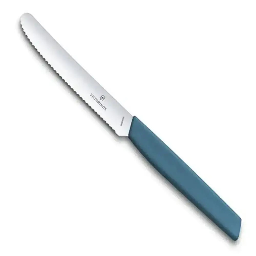 Bread knife with blue handle on a white background