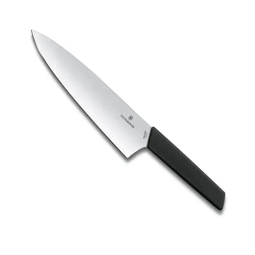 Chef's knife with black handle on a white background