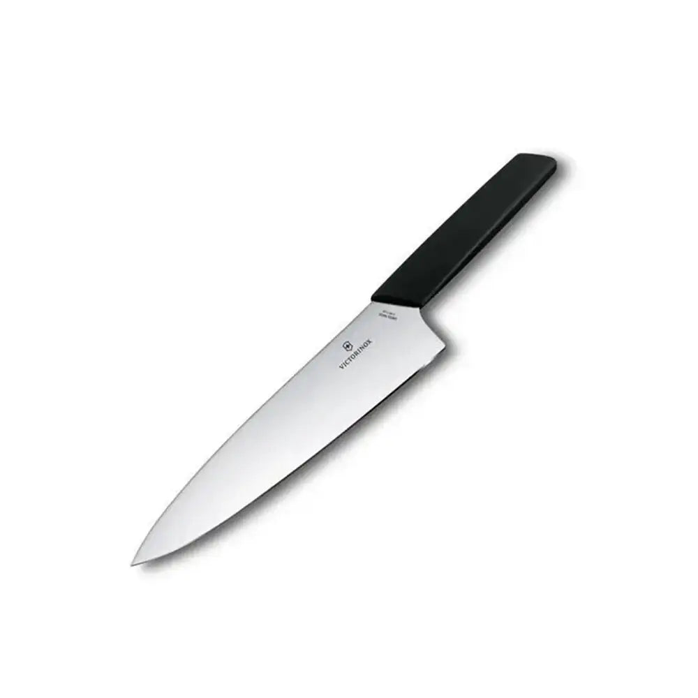 Chef's knife with black handle on a white background