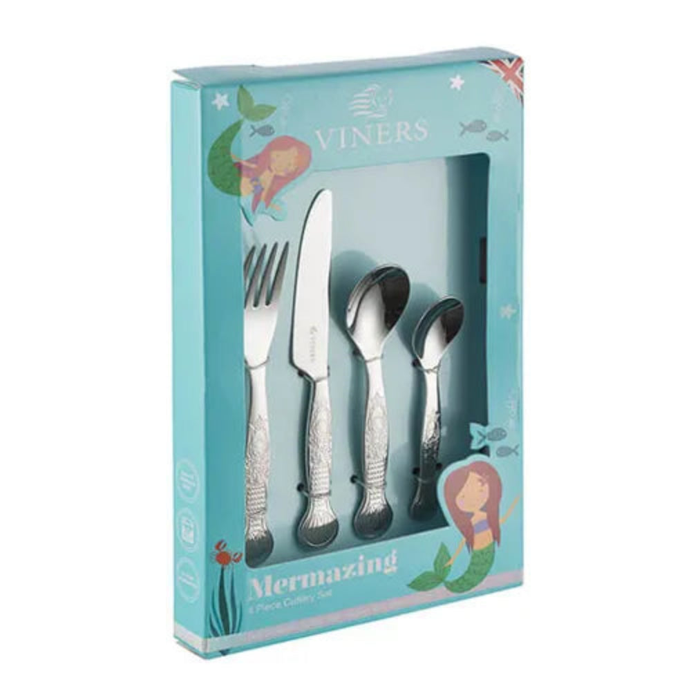 Viners mermaid theme cutlery set in a blue box on a white background