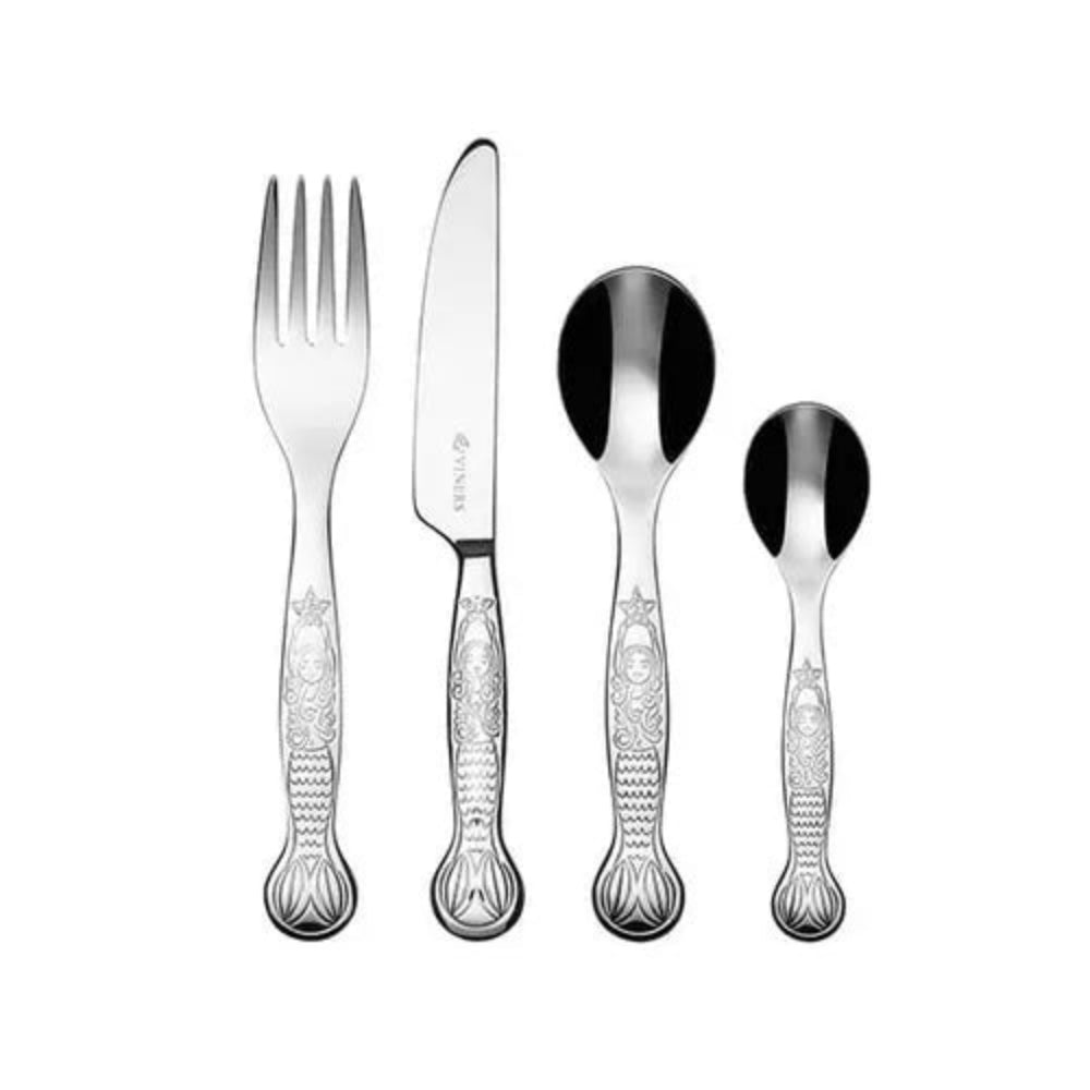 Stainless steel cutlery set with engravings on the handle, displayed on a white background