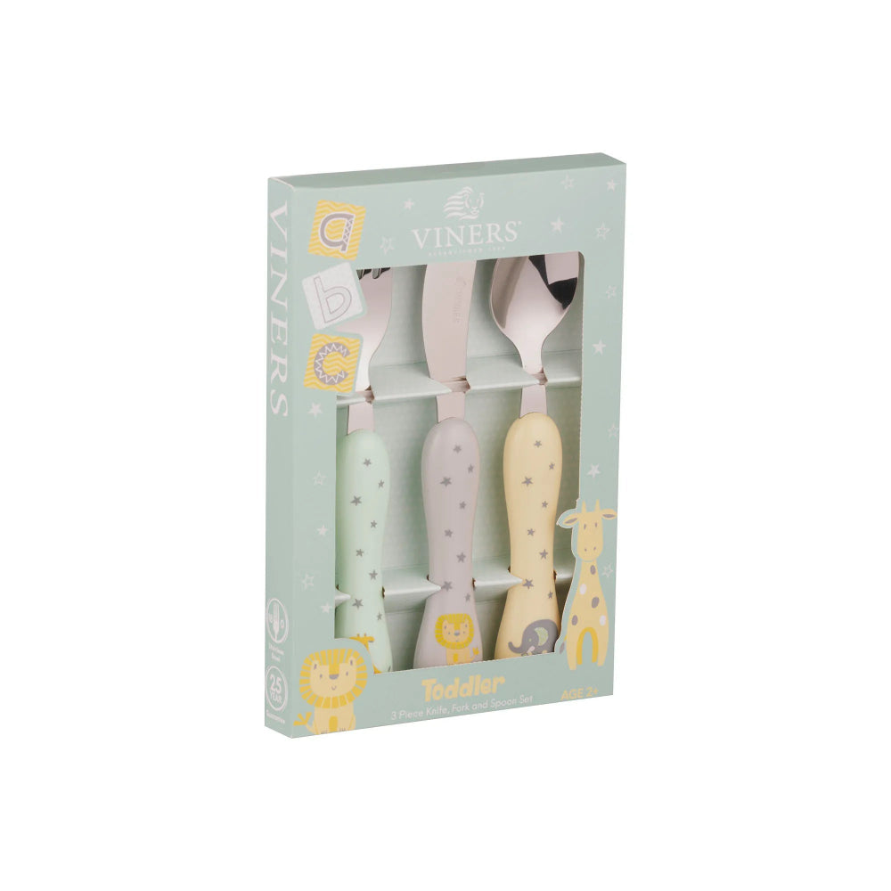 Set of baby utensils in a Viners packaging on a white background