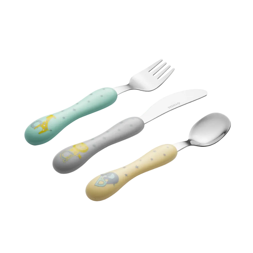Set of children's cutlery with fork, knife, and spoon on a white background