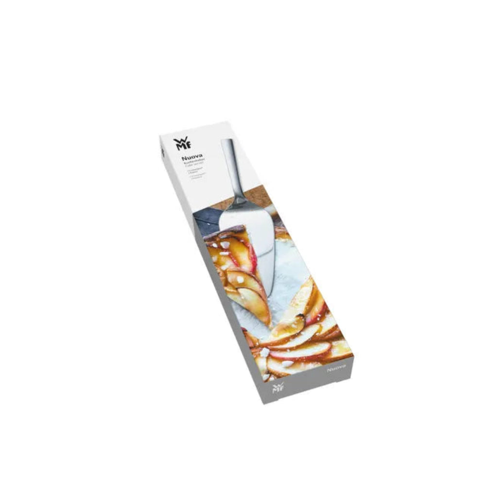 A boxed kitchen utensil package shown at an angle on a plain white background. The box is white with a printed photo of a metal cake or pie server lifting sliced fruit, and the brand name 'Nueva' is visible near the top.