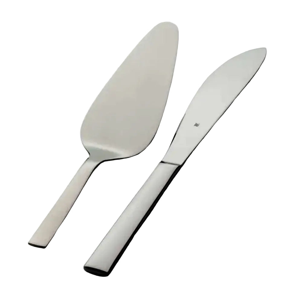 A stainless steel cake server and matching knife set with polished silver handles, shown on a clean white background with a subtle reflection.