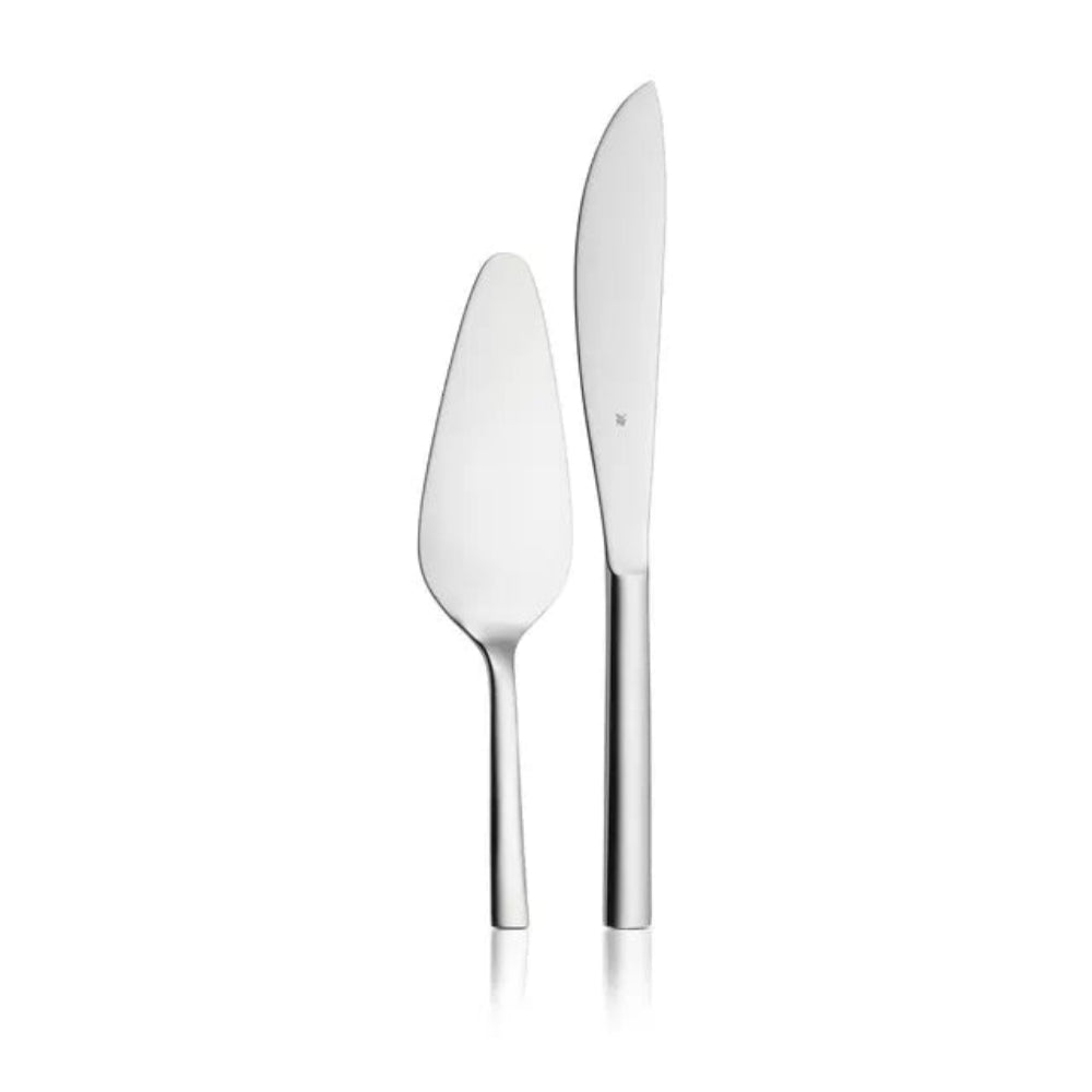 A stainless steel cake server and matching knife set with polished silver handles, shown on a clean white background with a subtle reflection.