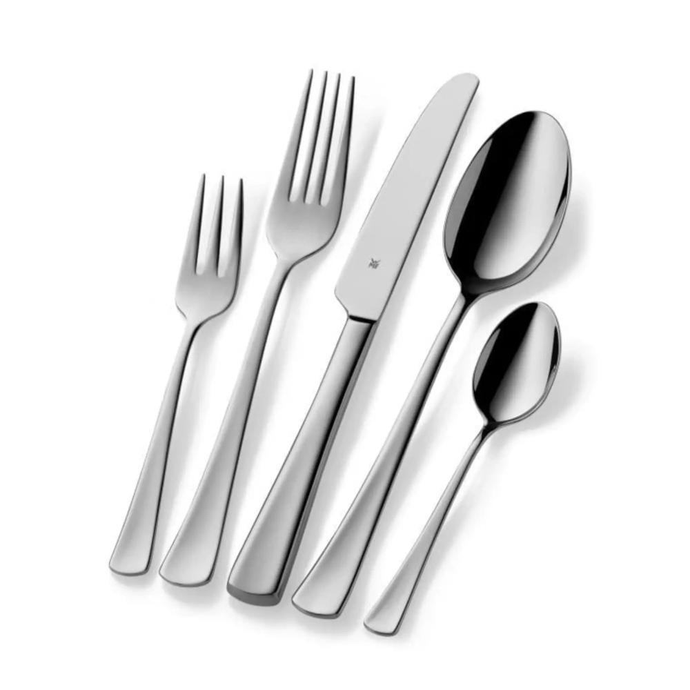 WMF Denver 30-Piece Stainless Steel Cutlery Set layed out on a white background